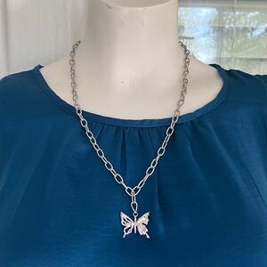 22 inch  Stainless Steel Butterfly Pendant Necklace w Stainless Toggle Clasp.